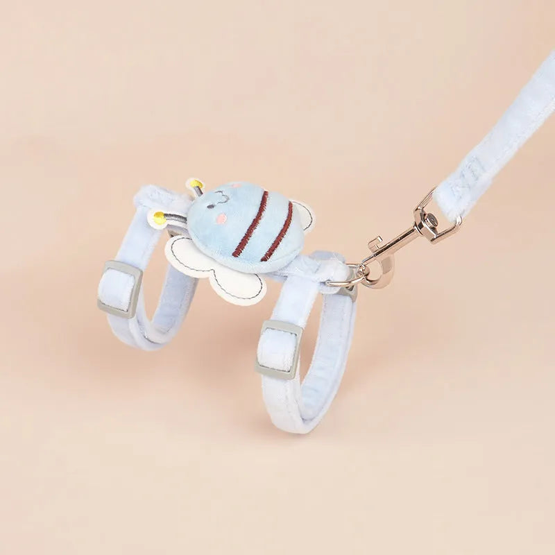 Pink adjustable cat lead with teddy bear and bee-shaped rope attachments for outdoor pet walking
