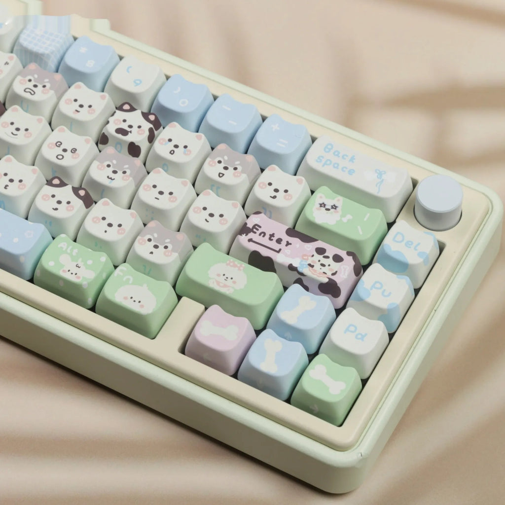 Full set of colourful anime puppy design PBT keycaps for a mechanical keyboard on a white background.
