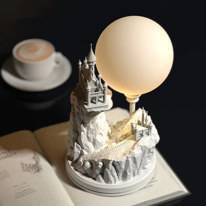 White composite gypsum desk lamp with wire control switch on plain background