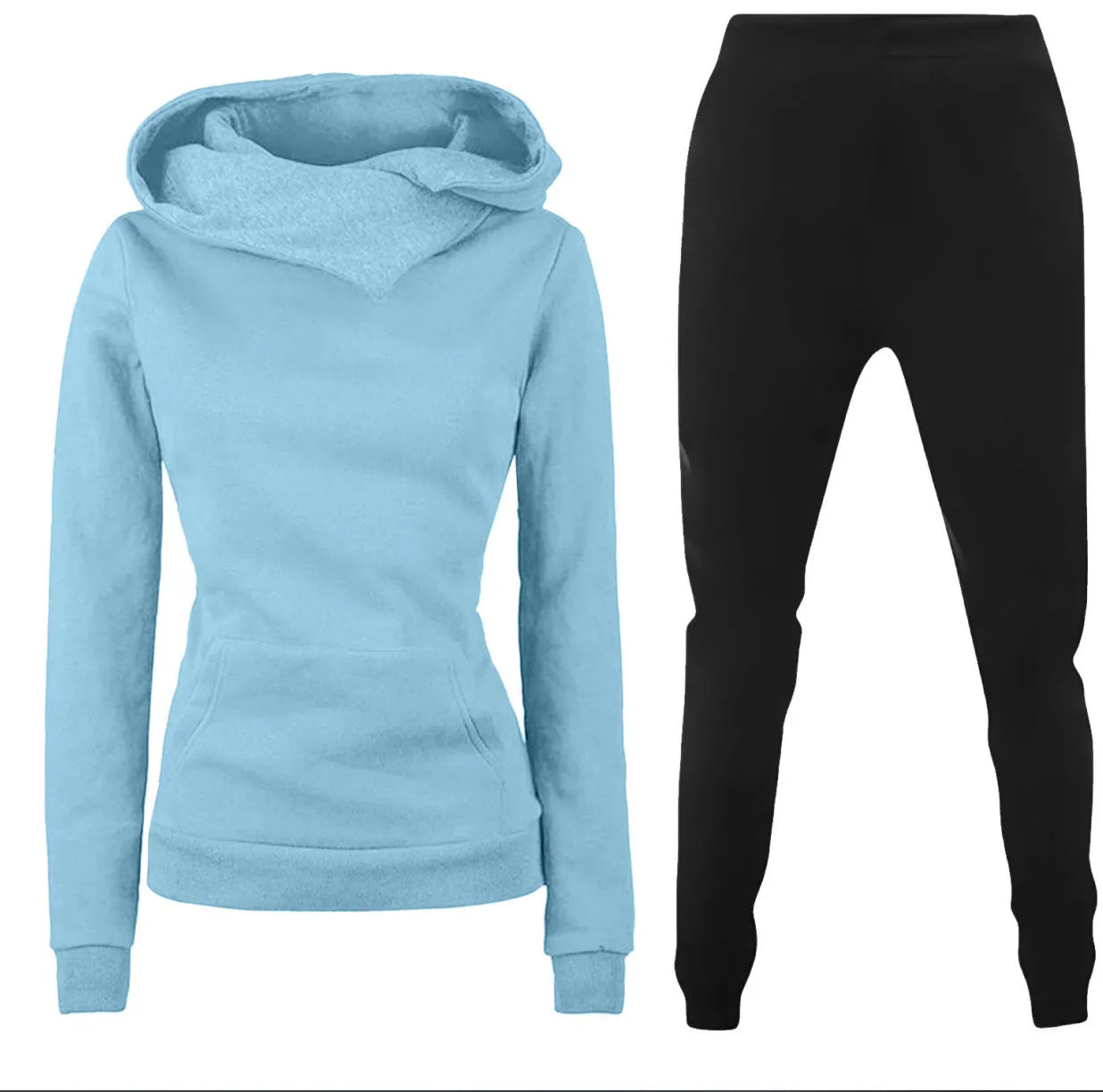 Ladies hooded sweater two-piece set in solid colour with long sleeves and jogger pants