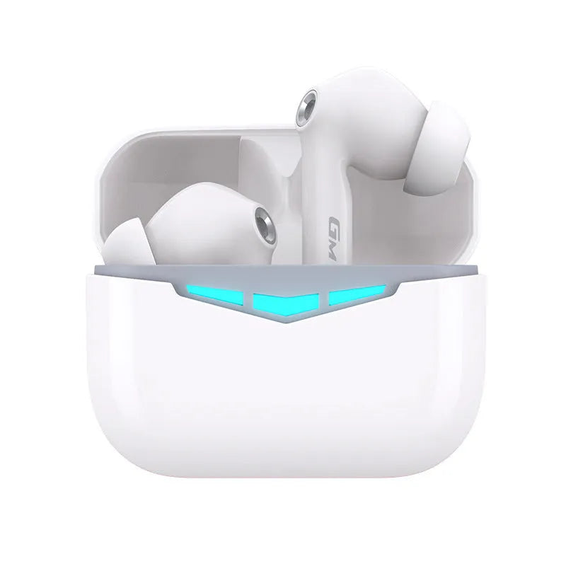 True wireless gaming earbuds and compact charging case in black, shown with silicone earmuffs.