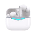 True wireless gaming earbuds and compact charging case in black, shown with silicone earmuffs.