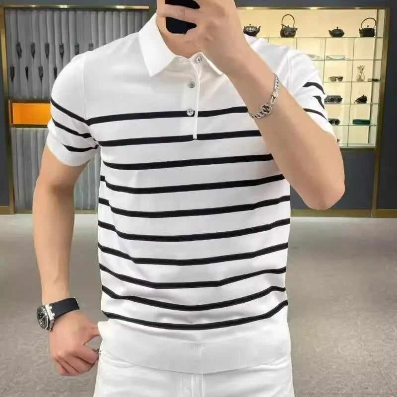 Black and white striped knitted T-shirt with distinctive lapel collar