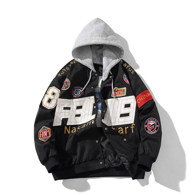 Black American Motorcycle Baseball Uniform jacket with removable hood, shown on a model.