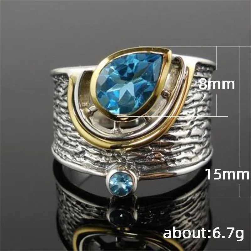 Chinese style blue zircon drop shape ring in alloy metal with inlaid stone
