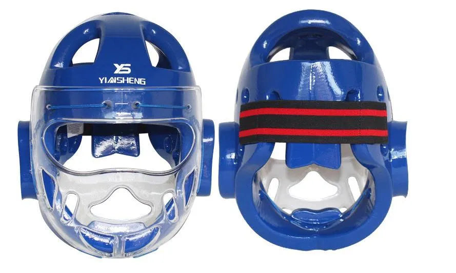 Blue, red, or white karate protective helmet for boxing head guard safety equipment.