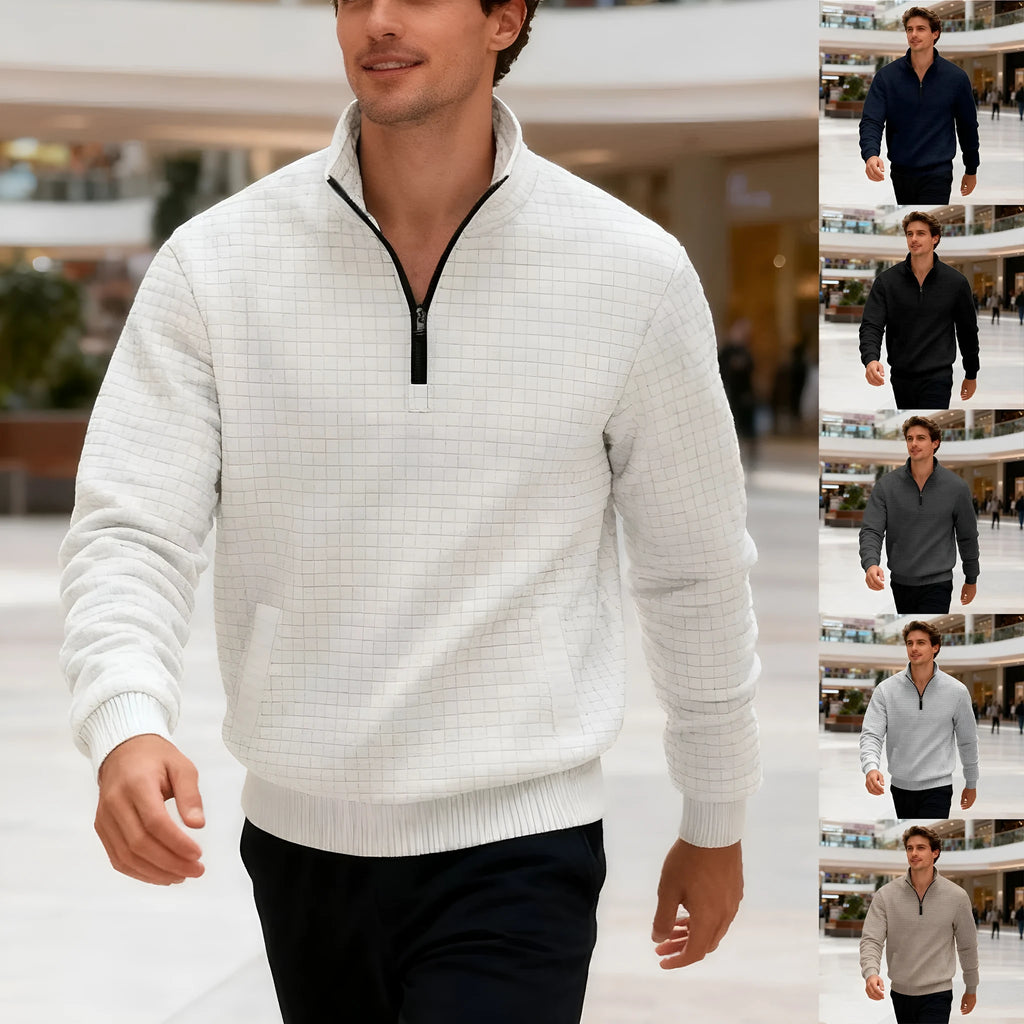 Men's grey stand-up collar long sleeve jacquard small check sweatshirt with side seam pockets
