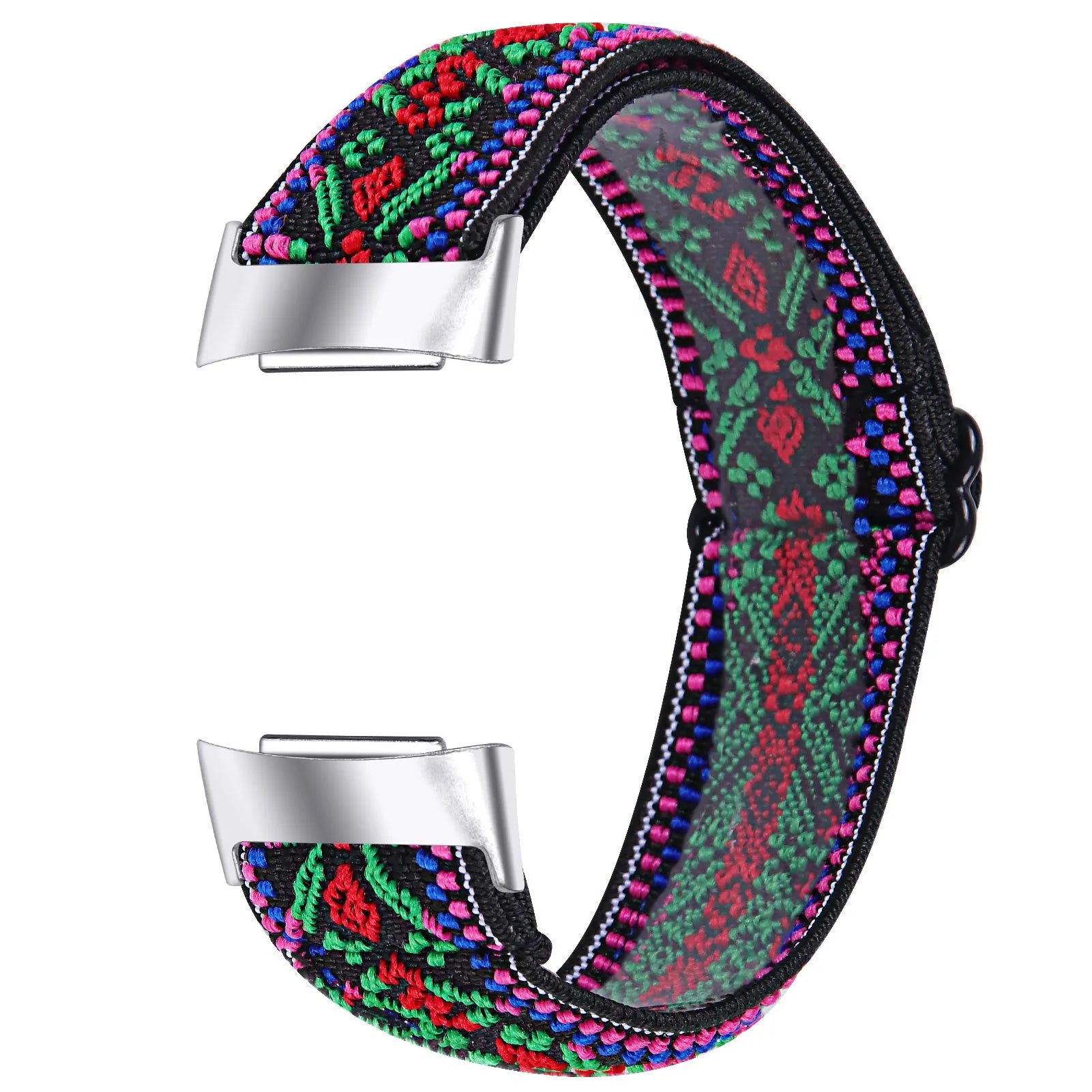 Printed elastic replacement watch strap for Fitbit Charge 6 in assorted colours on a white background