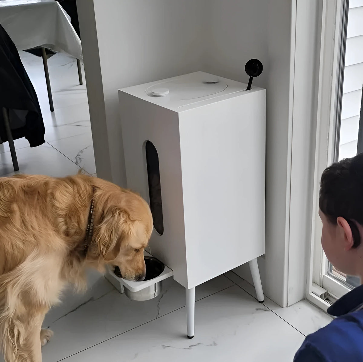 Wooden pet feeder with high 20cm or low 10cm legs, available in black, white, or wood colour for dogs and cats