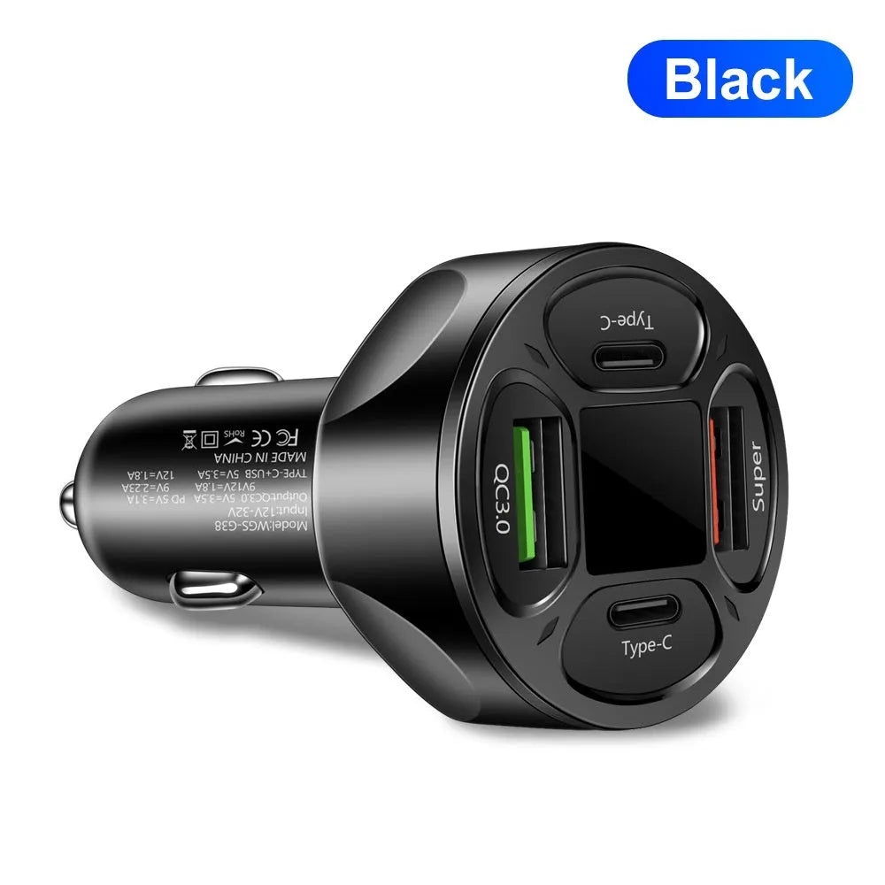 66W dual USB and dual Type-C car charger with digital display showing voltage reading
