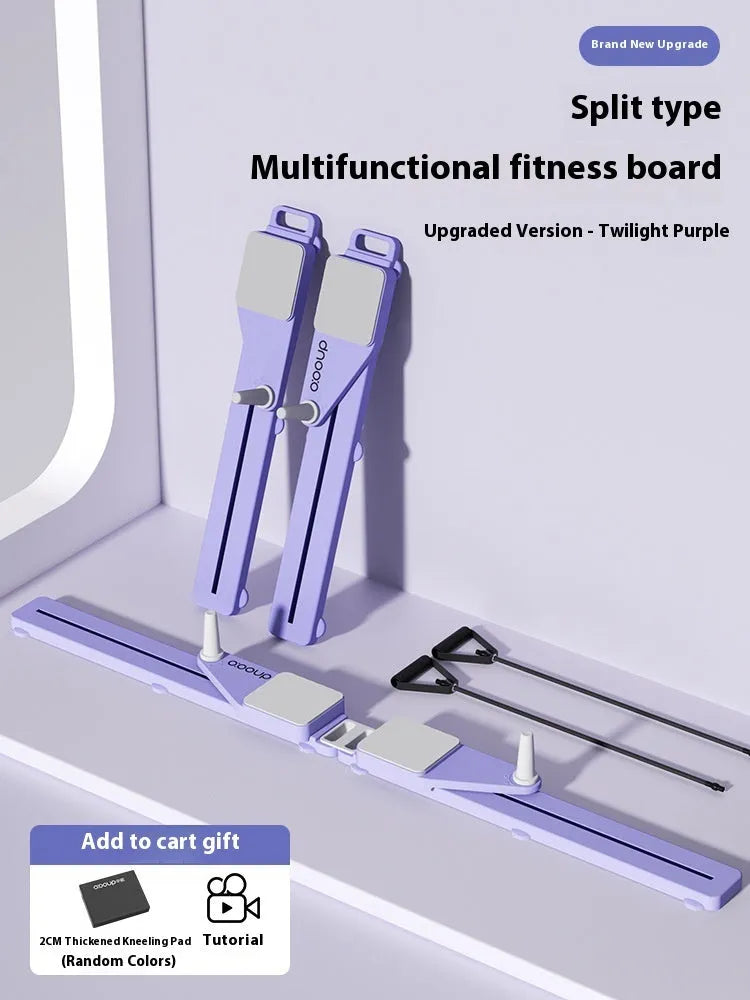 A compact purple split skiing machine trainer folded on a wooden floor, showing its 85cm length and PP construction.