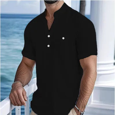 Men's apricot-coloured linen blend T-shirt with a stand collar and short sleeves on a hanger.