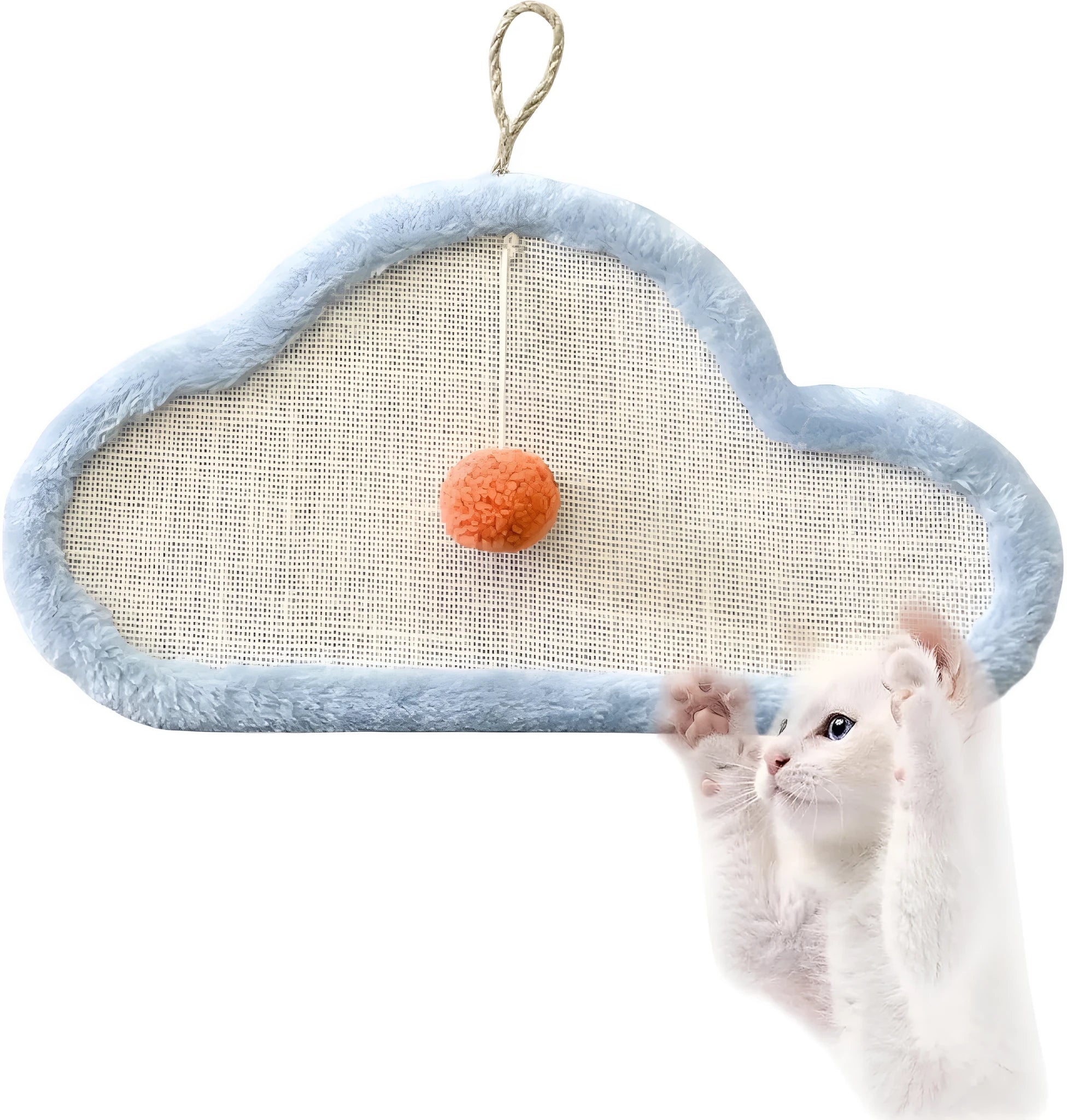 White cat scratching mat with cartoon sleeping cat design, made from natural sisal fibre