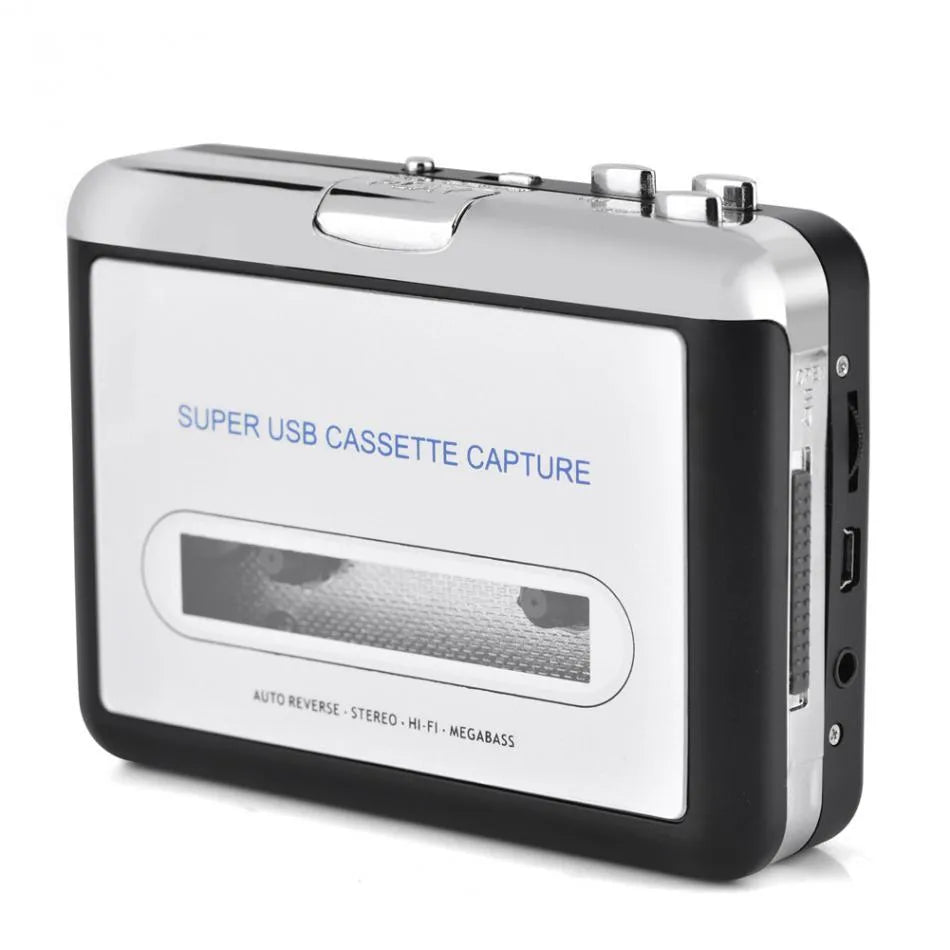Silver USB cassette to MP3 converter player with digital display and USB cable