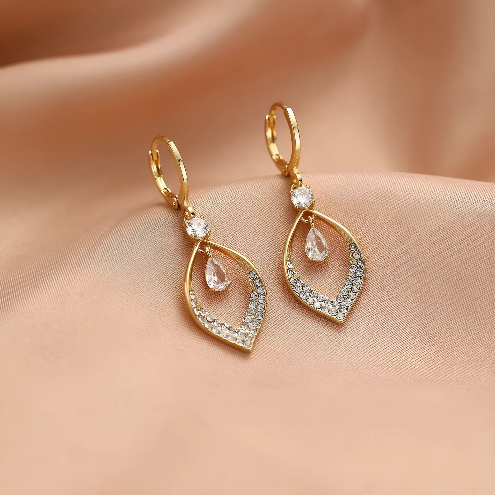 Copper zircon water drop tassel earrings with gold or silver thickened electroplated ear buckles