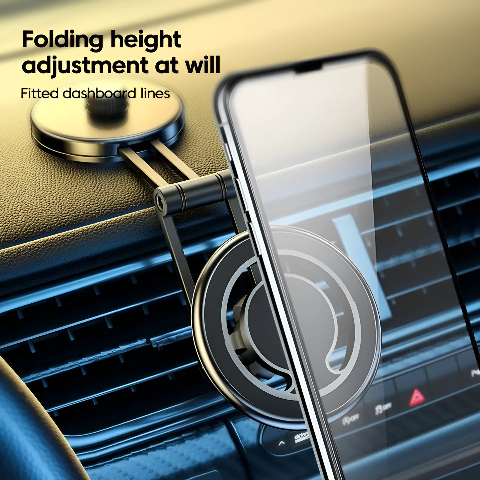 Telescopic folding magnetic car phone holder in black or silver for dashboard mounting