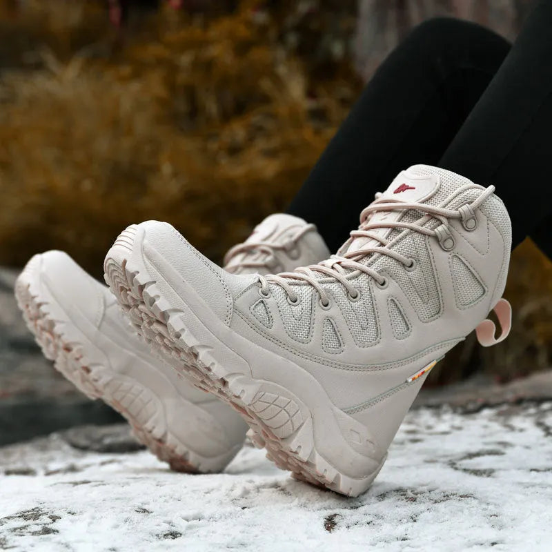 Cowhide leather hi-top hiking shoes in beige, black, and brown colours