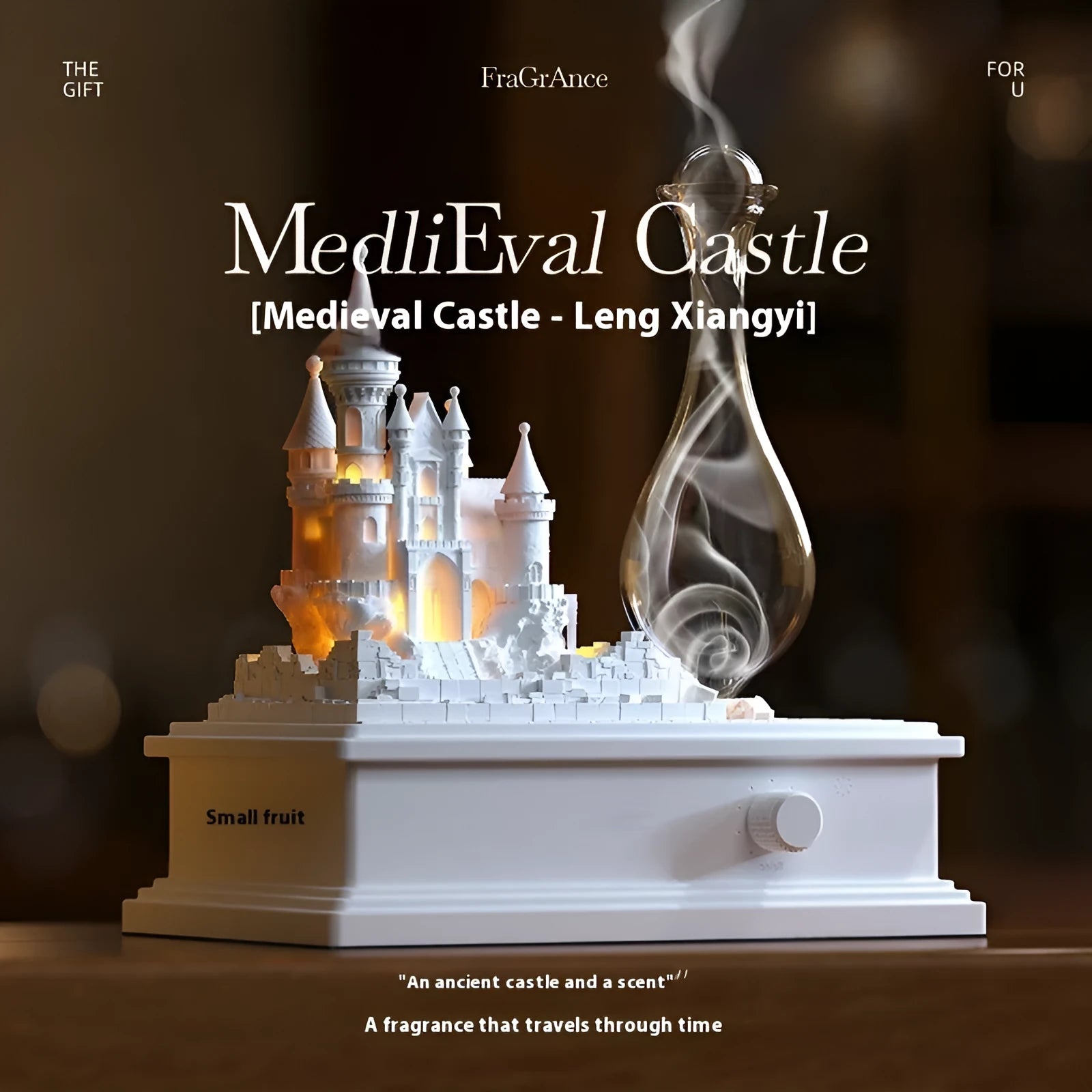 White medieval castle-shaped waterless cold fragrance diffuser with ambient lighting on a table.