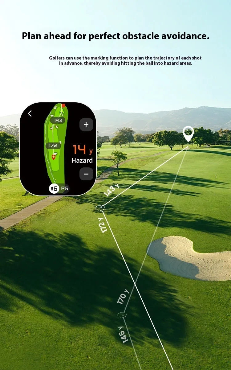 Black GenePro G1 GPS rangefinder handheld device with display screen, shown with USB-C cable and storage case.