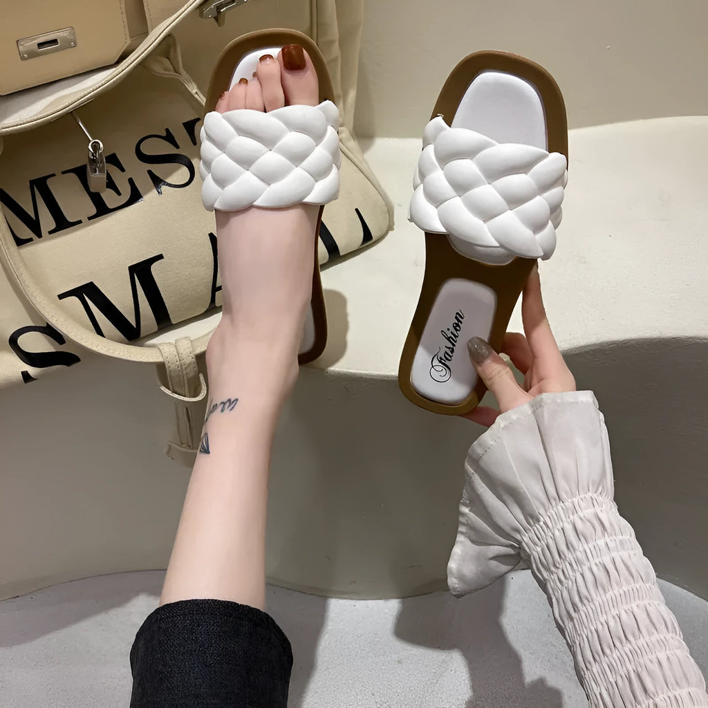 Women's plaid pattern beach sandals with thick PVC anti-slip sole in green colour.