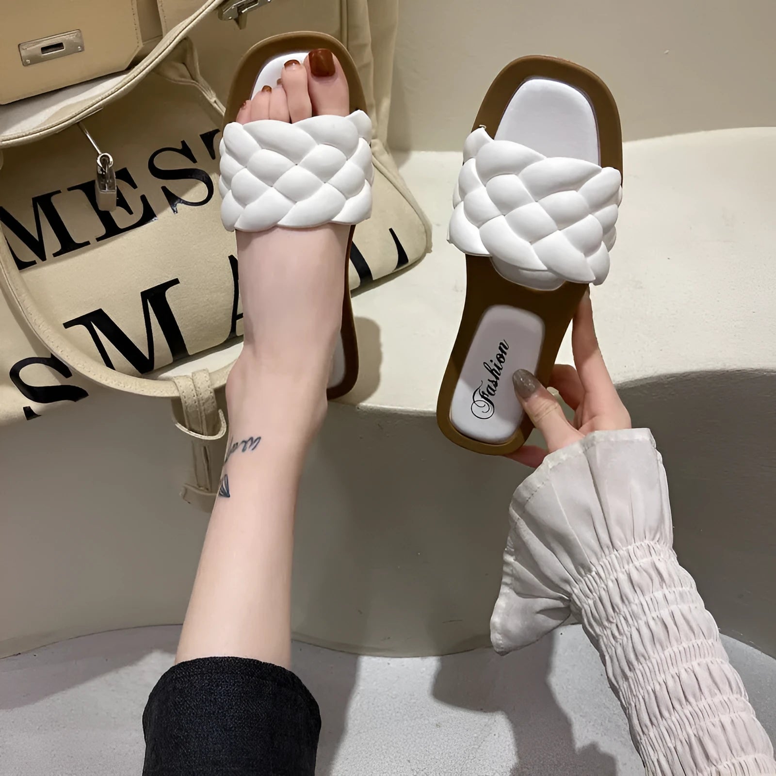 Women's plaid pattern beach sandals with thick PVC anti-slip sole in green colour.