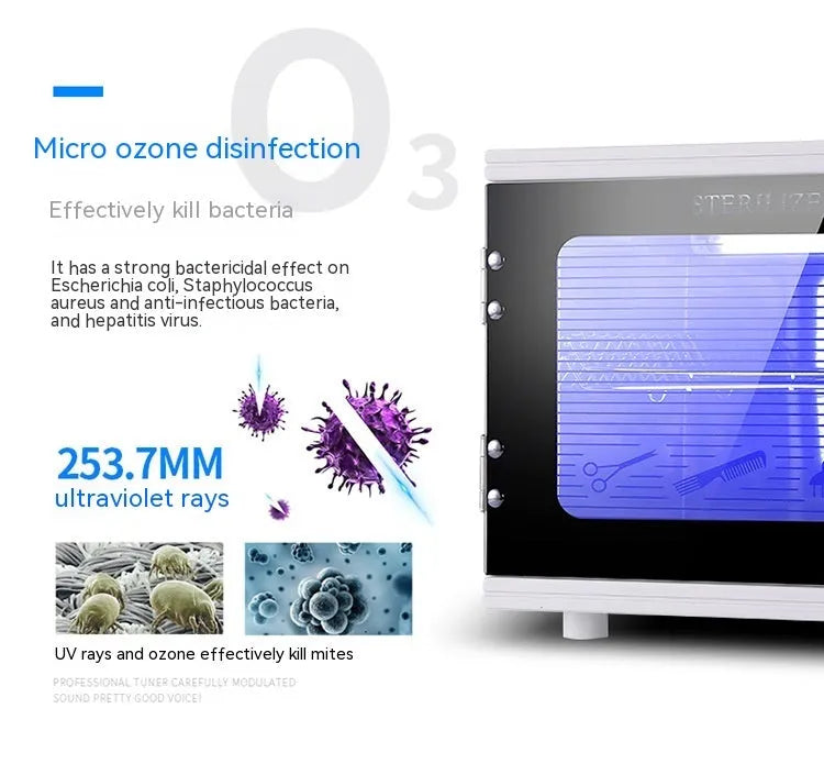Silver ultraviolet steriliser machine with dimensions for salon tool disinfection