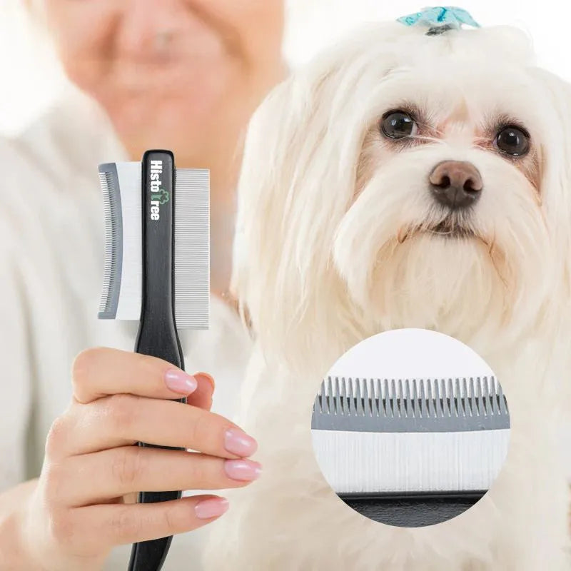 Black wood-handled pet grooming comb with double-sided stainless steel teeth for cat and dog grooming
