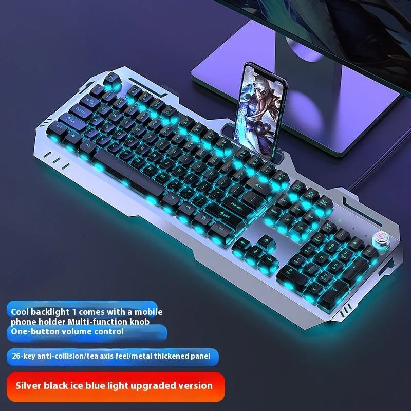 Aluminium alloy mechanical keyboard with backlit keys in gaming dimensions with optional mouse and headset