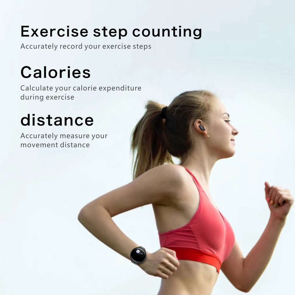 Black smart fitness bracelet with detachable TWS Bluetooth earbuds on a wrist, showing colour screen.