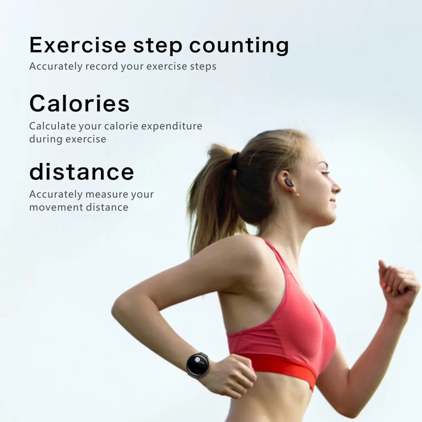 Black smart fitness bracelet with detachable TWS Bluetooth earbuds on a wrist, showing colour screen.