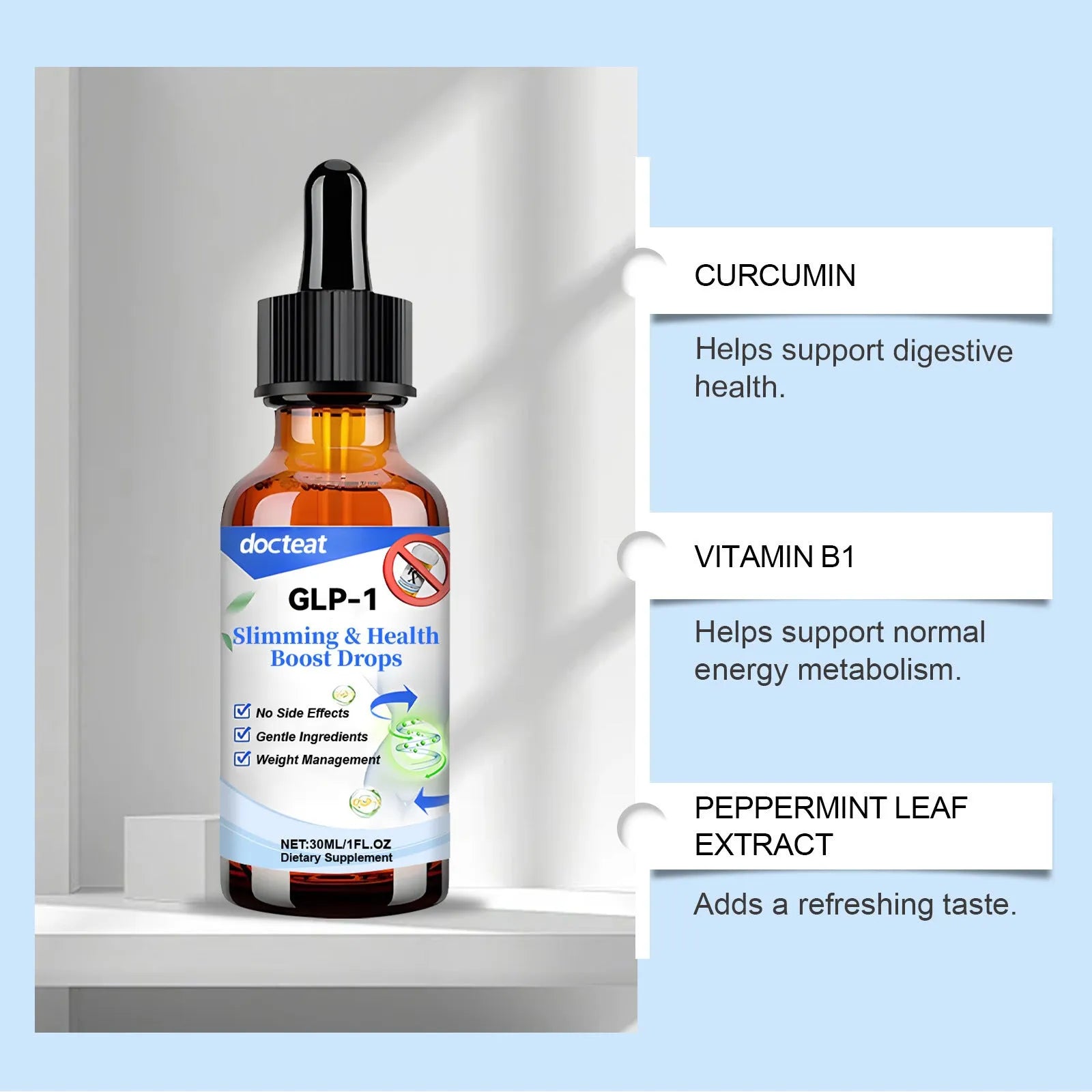 30ml glass dropper bottle of Traditional Chinese Medicine intestinal care liquid supplement.
