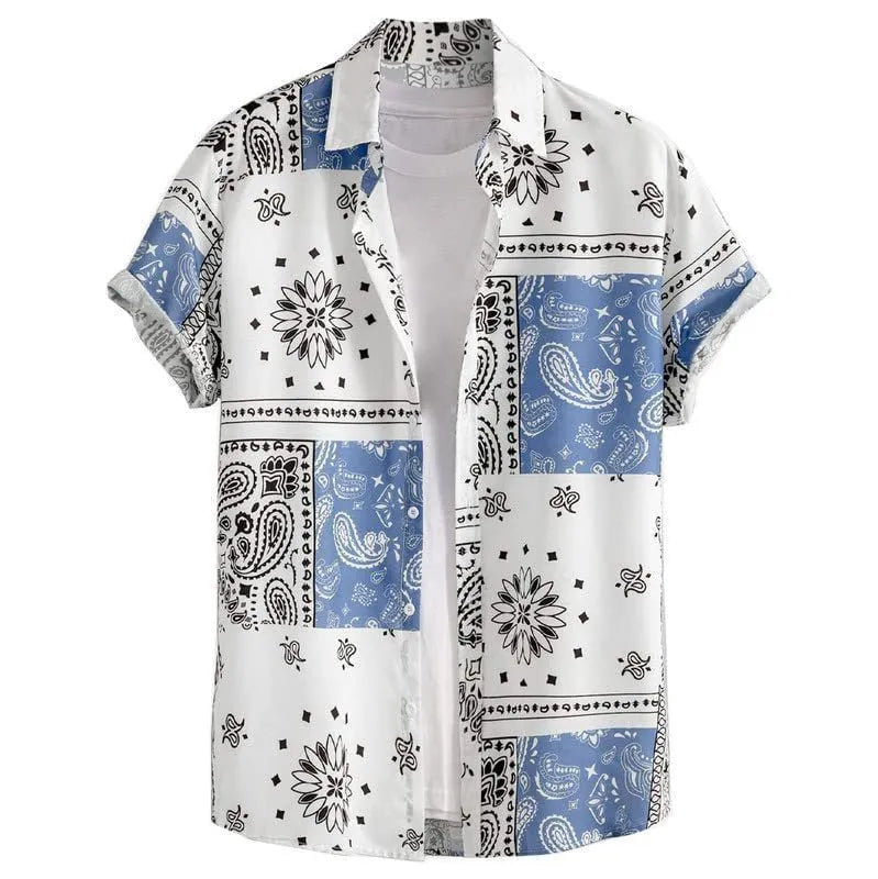 Men's slim fit short sleeve Hawaiian shirt with digital print pattern in elastic fabric.