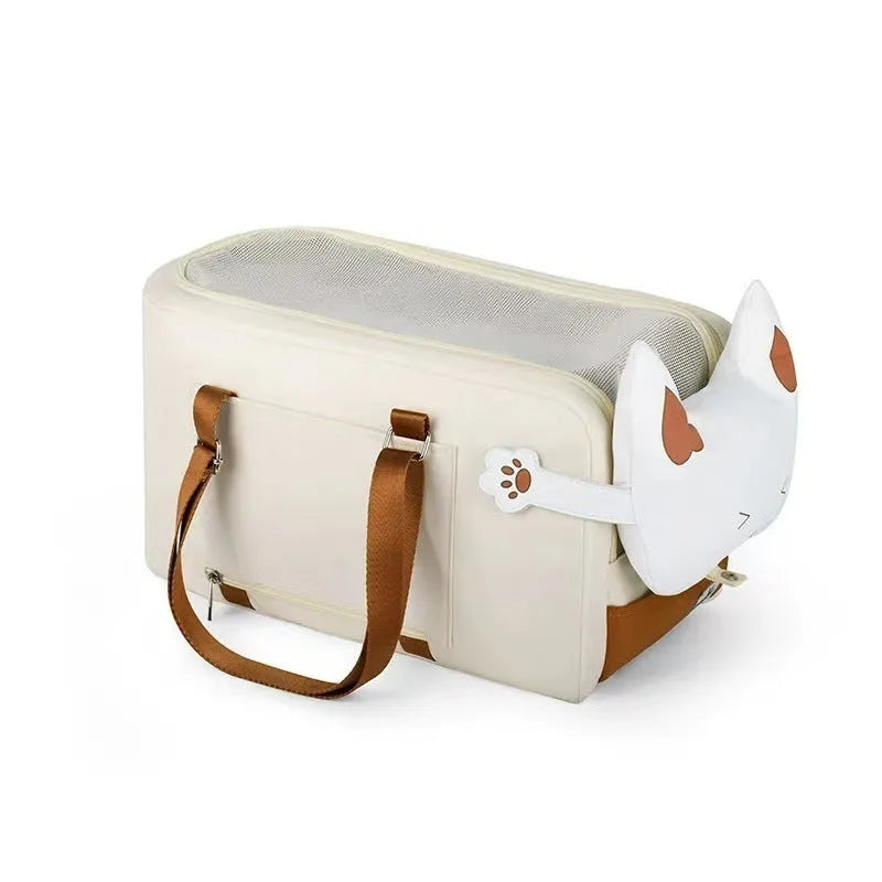 Beige hard-shell cat carrier with one shoulder strap showing EPE padding construction