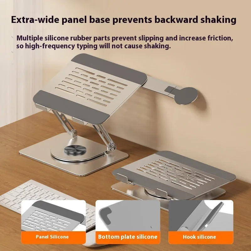 Silver carbon steel laptop stand with magnetic phone holder rotating on desk