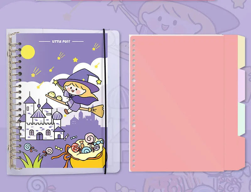B5 replacement core notebook for detachable big coil binders with whimsical design options showing Snowman, Autumn Travel, Dessert House and Little Witch themes