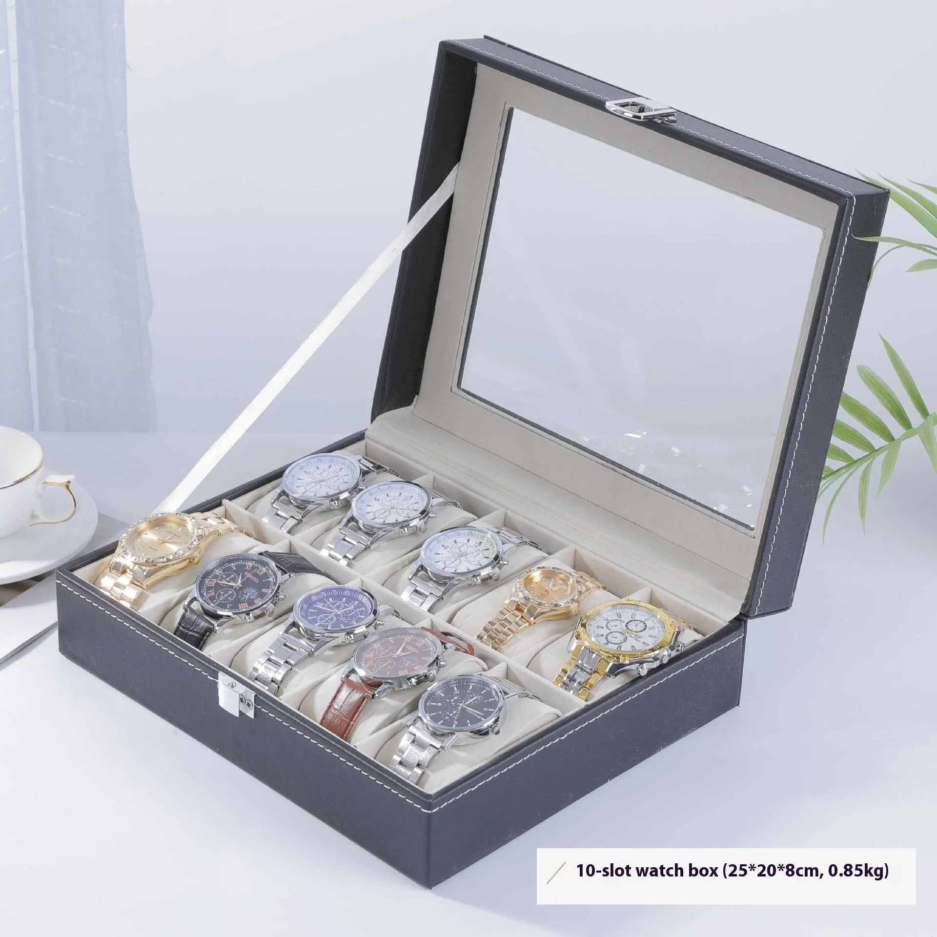 Grey high-grade leather watch storage box with a clear see-through lid, shown holding multiple watches.