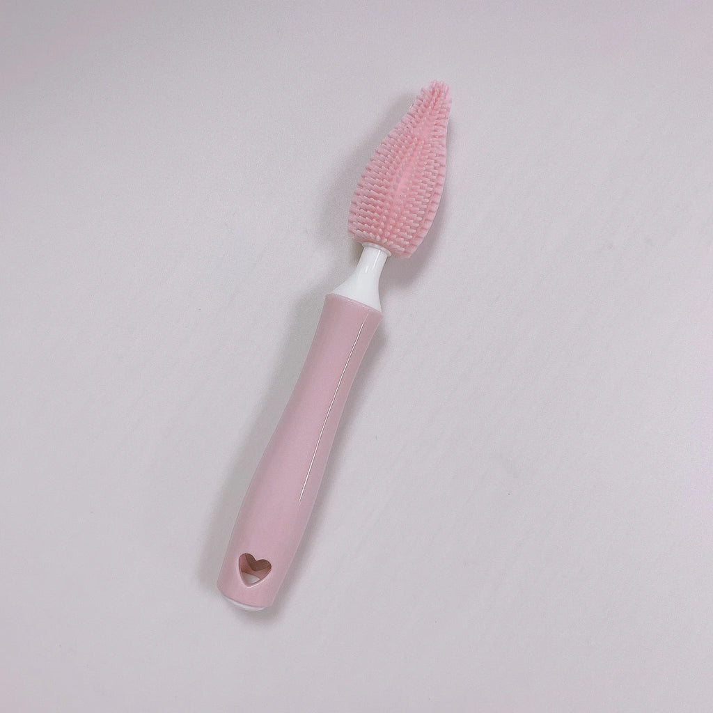Silicone baby bottle brush set with main brush and straw cleaner in pink, blue or yellow colours