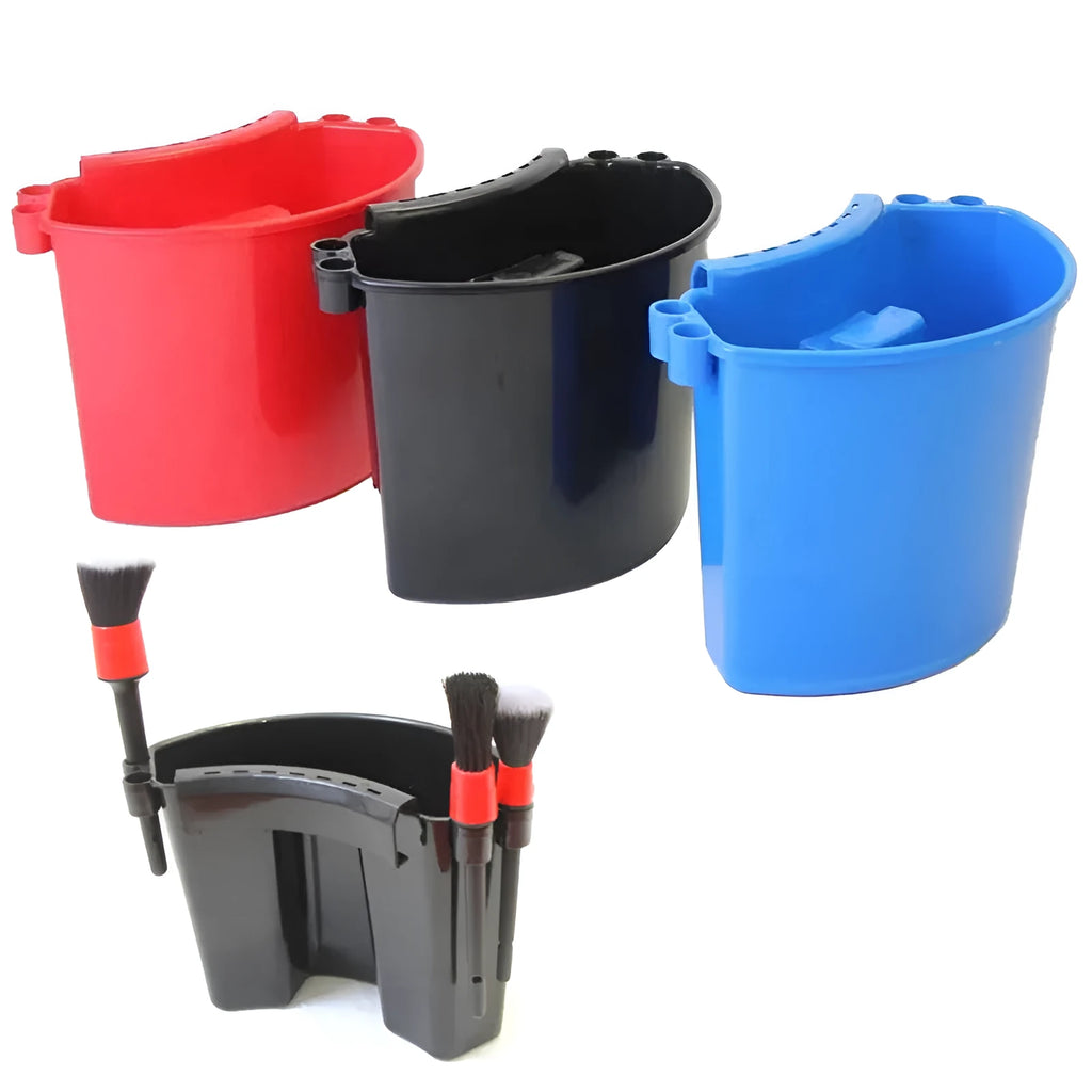 Coloured car wash bucket with a white grit guard insert inside for separating dirt.