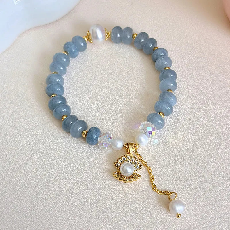 Manual craft natural aquamarine pearl and shell healing bracelet with adjustable design