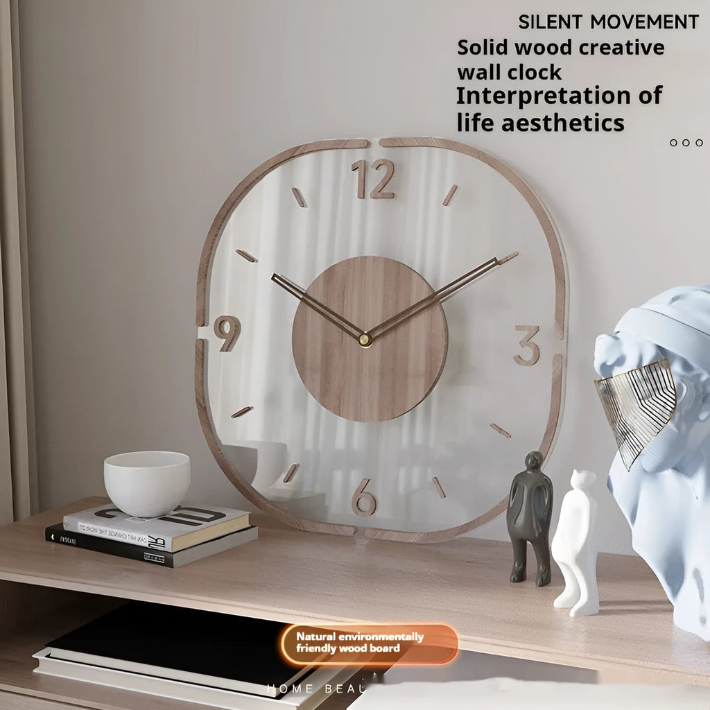 35cm square transparent wooden frame wall clock with modern design showing framed and frameless options