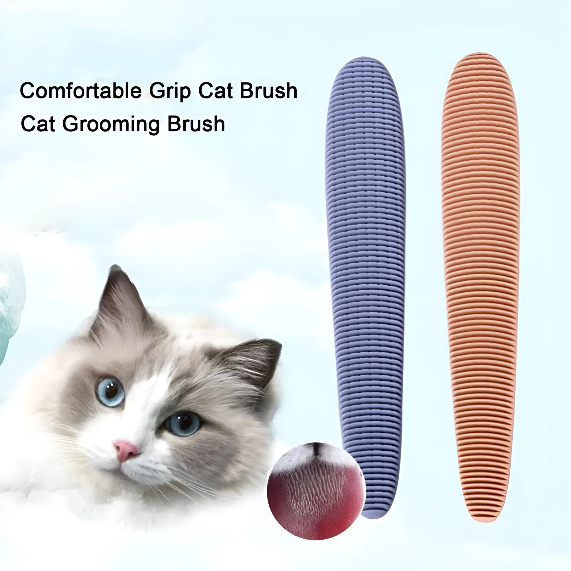Grey cat grooming comb with tongue-shaped bristles and dual-width ends for gentle pet hair removal