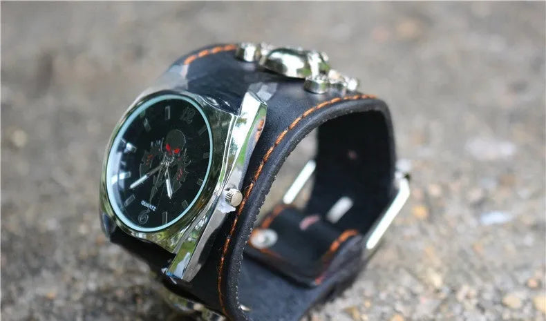 Men's black skull square watch with 10mm thickness on a grey background