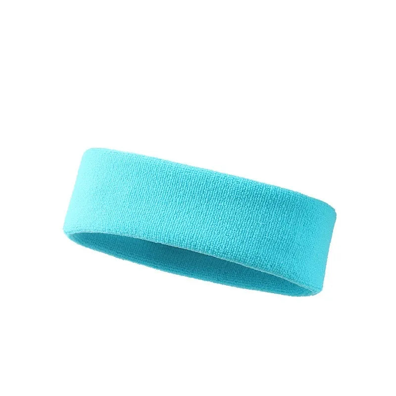 Elastic widened sports sweat band in polyester spandex, shown in one of five available colours.
