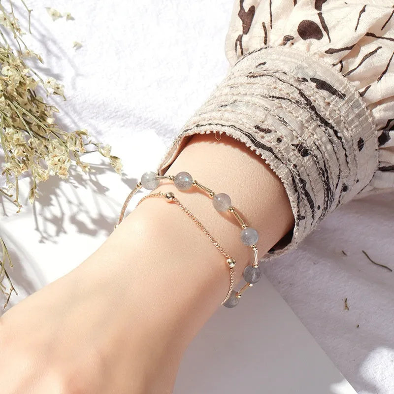 Korean-style women's crystal bracelet with double-layer moonstone design and copper tube framework