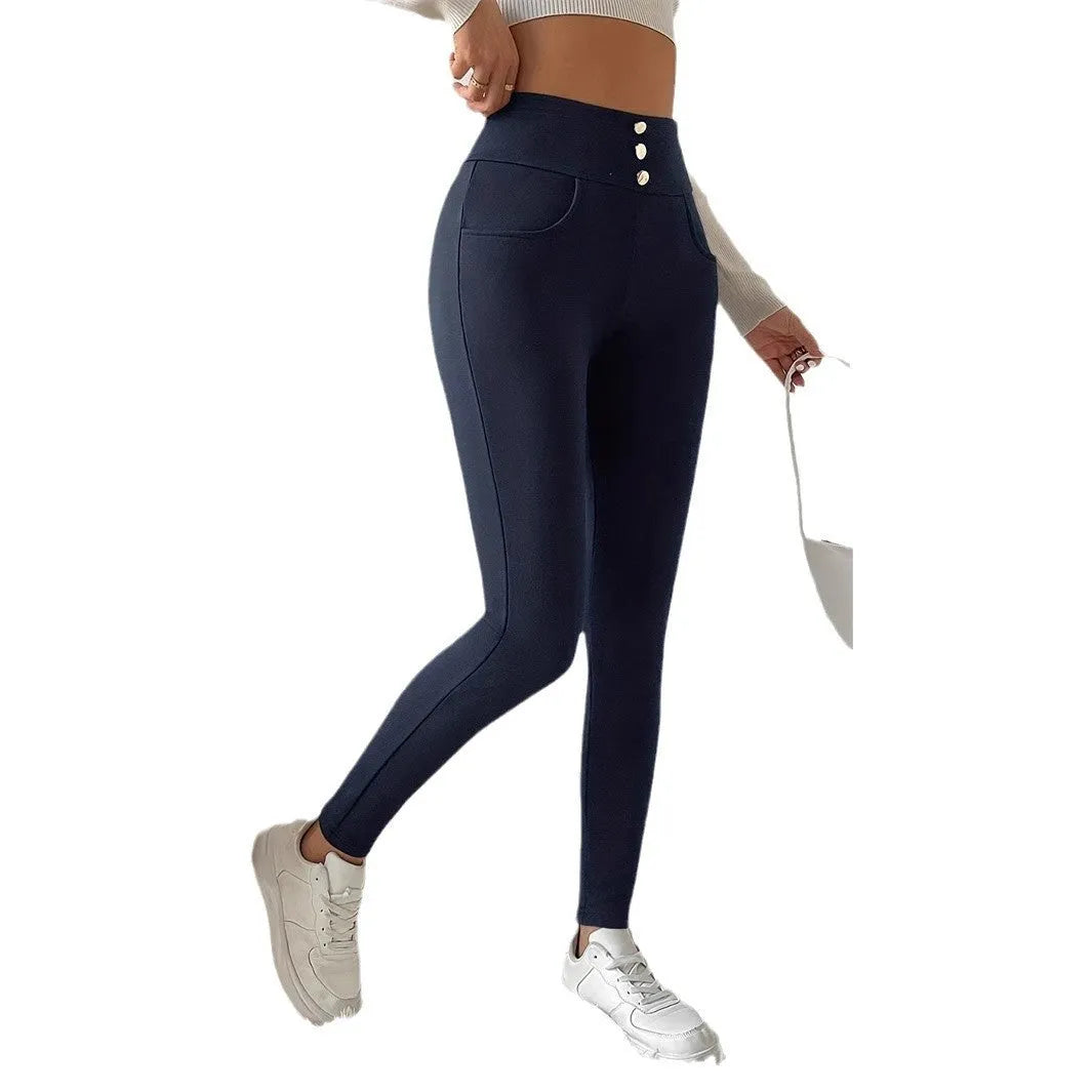 Navy blue women's high-waist trousers with straight-leg fit on hanger