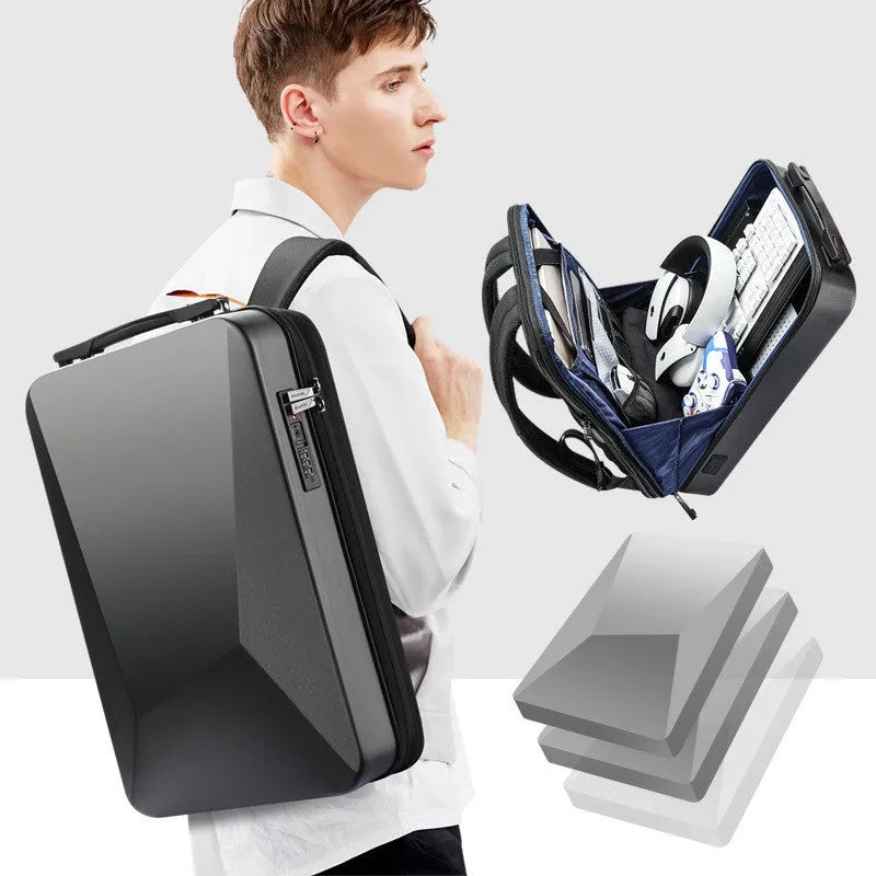 Large black PC hard shell men's backpack with lock, showing laptop compartment and shoulder straps.