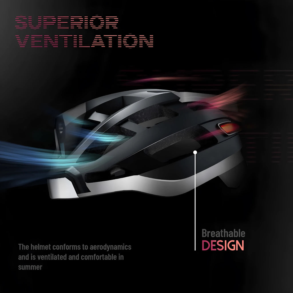 Black and grey adult cycling smart helmet with integrated red LED safety light on the rear.