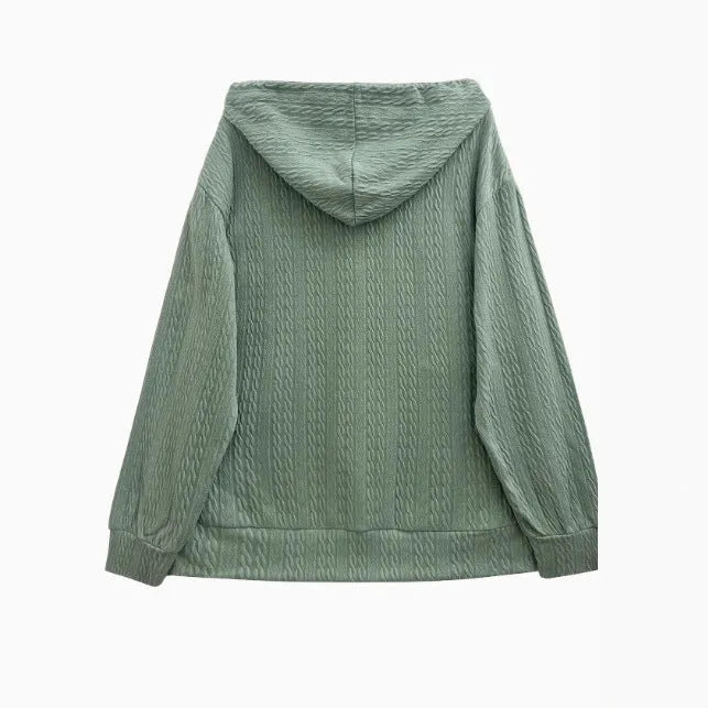 Green women's hooded casual coat with full front zipper, long sleeves, and loose fit.