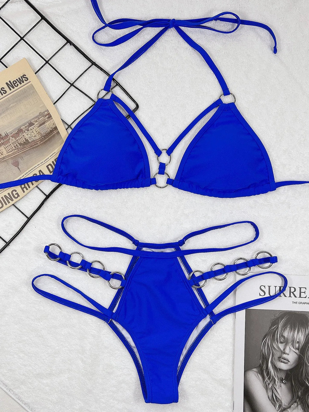 Women's separated bikini swimwear set in nylon, showing top and shorts in one of five available colours.