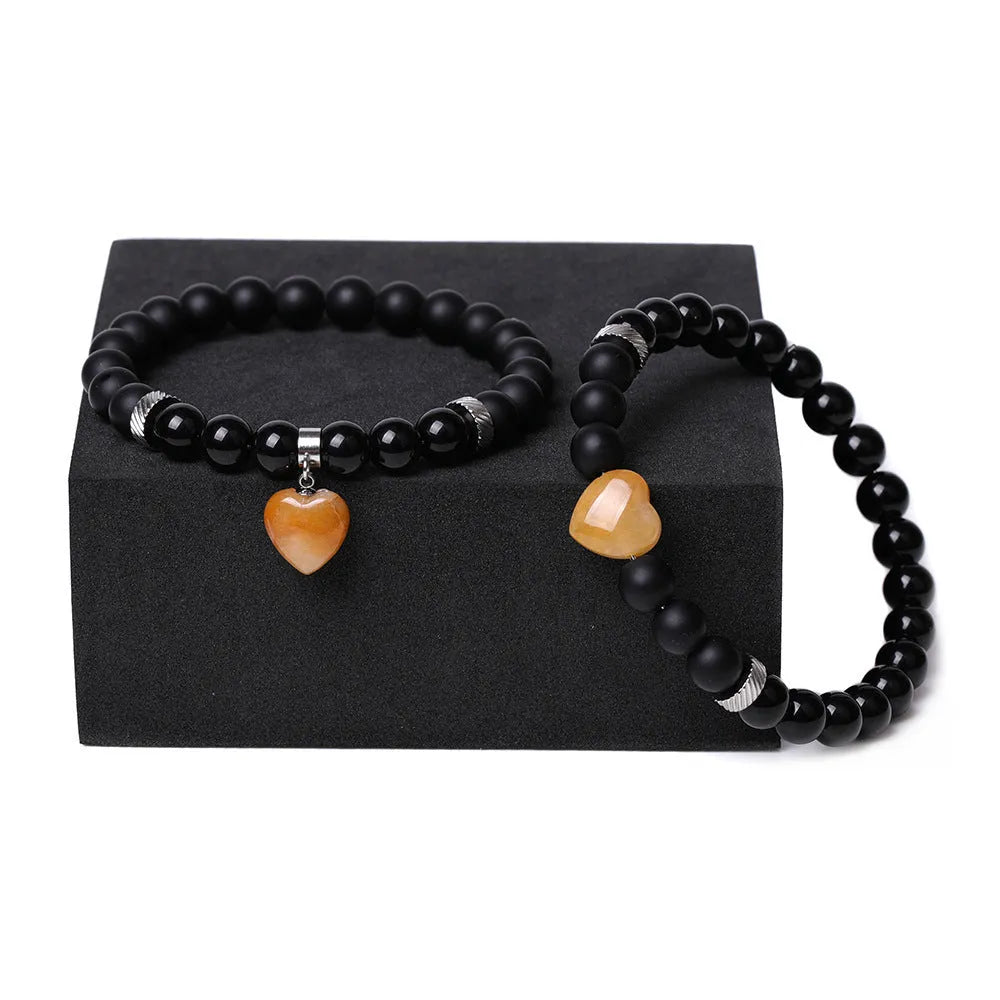 Natural stone couple love bracelet set with heart-shaped gemstone charms in various colours